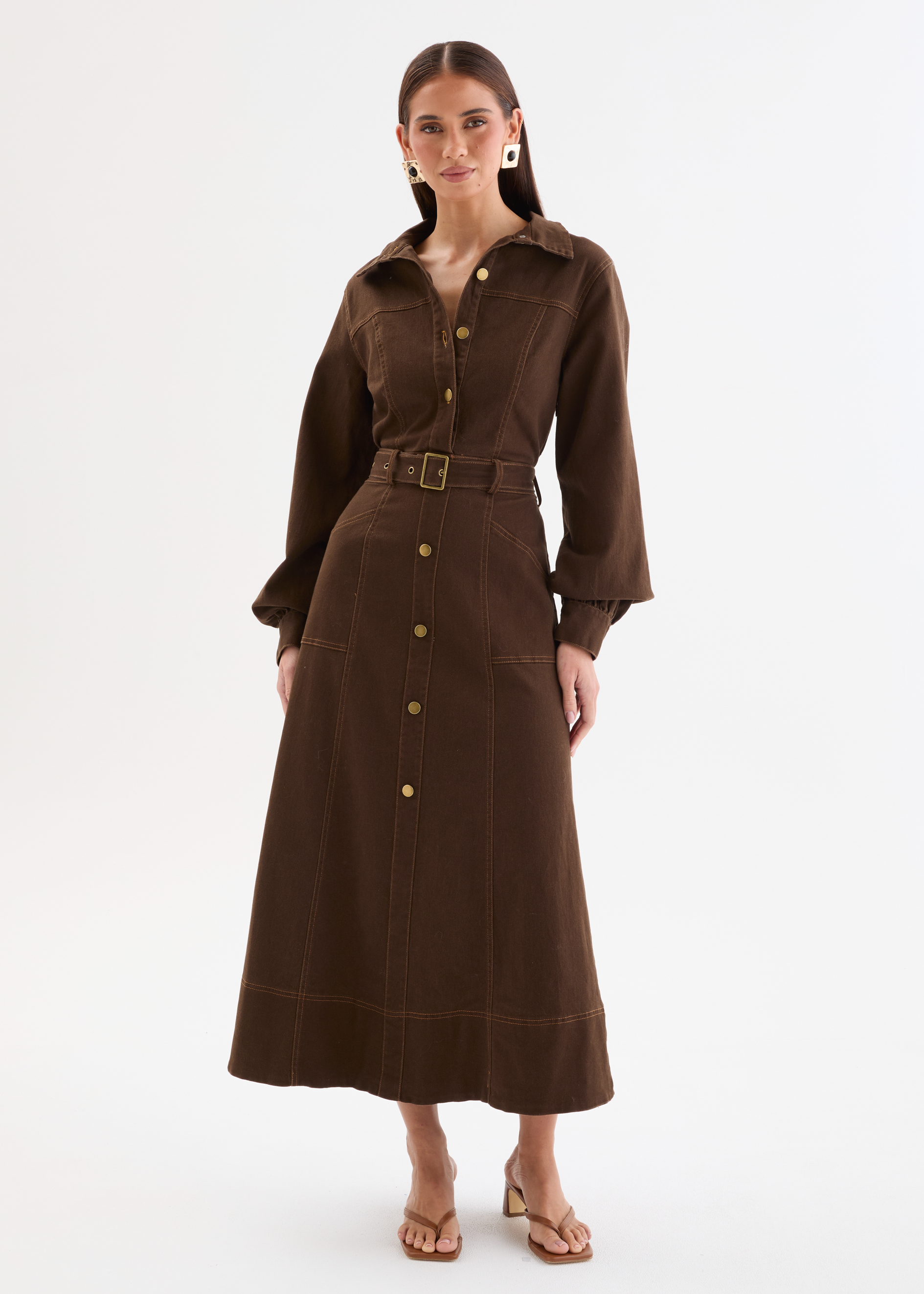 Ryley Denim Midi Dress with Belt - Dark Chocolate