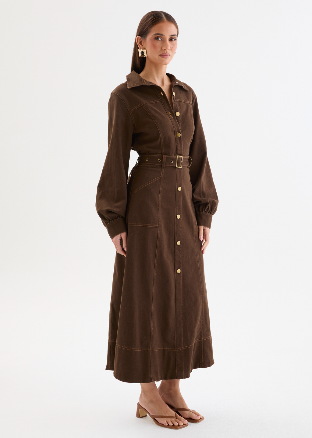 Ryley Denim Midi Dress with Belt - Dark Chocolate