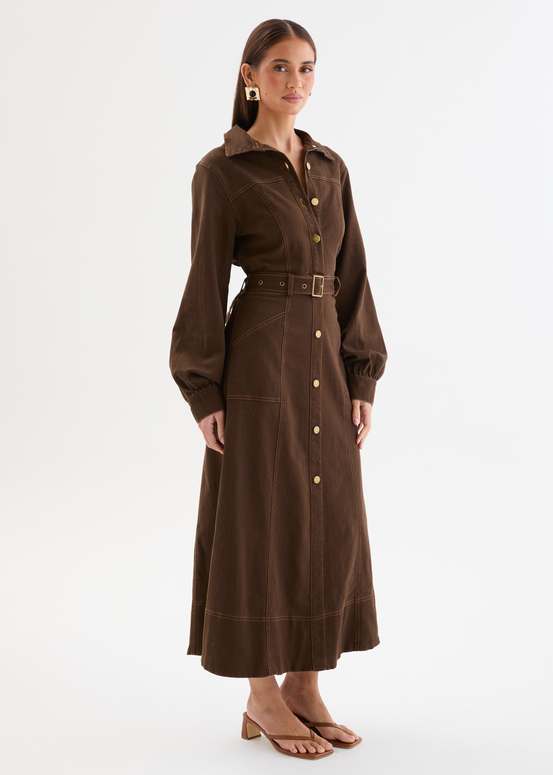 Ryley Denim Midi Dress with Belt - Dark Chocolate