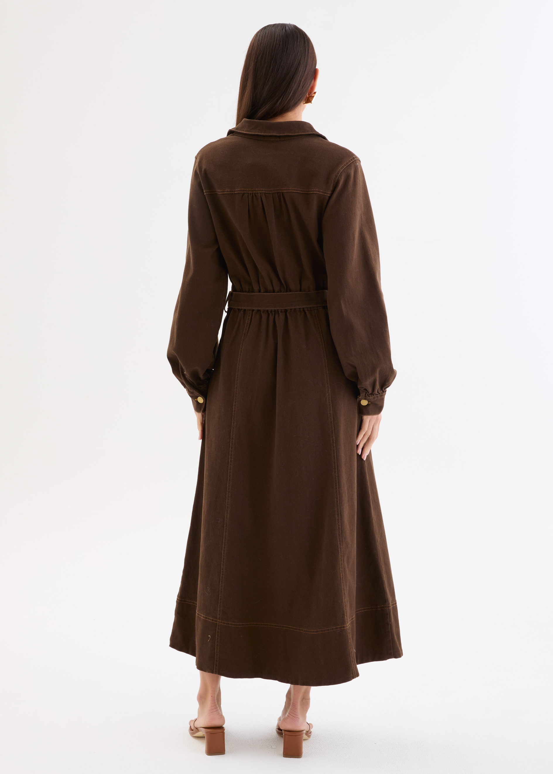 Ryley Denim Midi Dress with Belt - Dark Chocolate