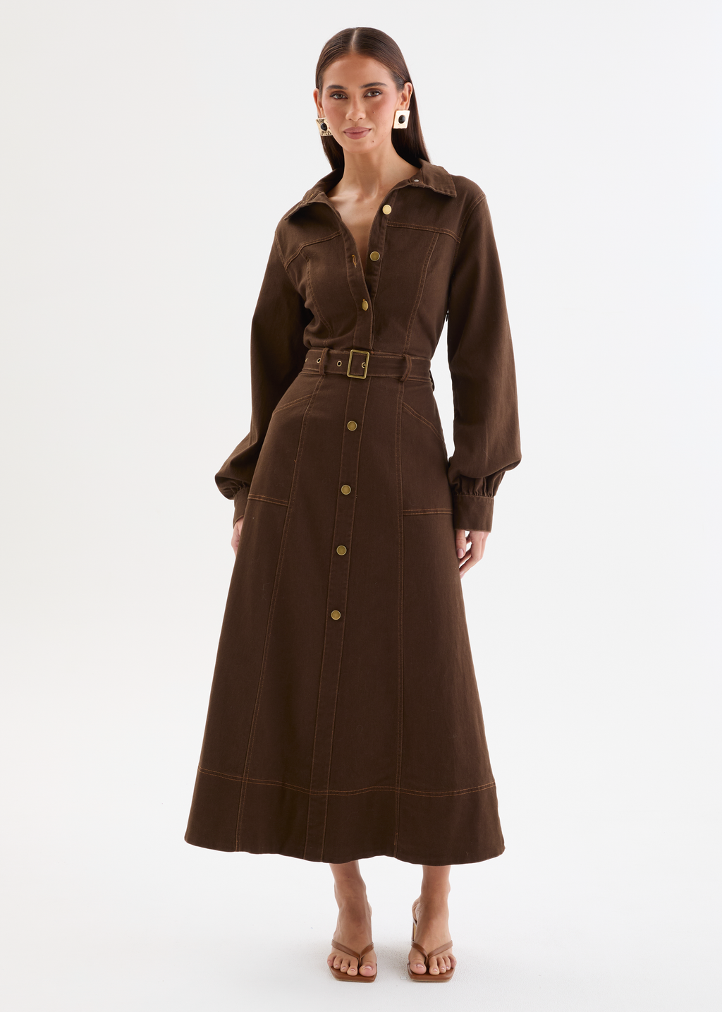 Ryley Denim Midi Dress with Belt - Dark Chocolate