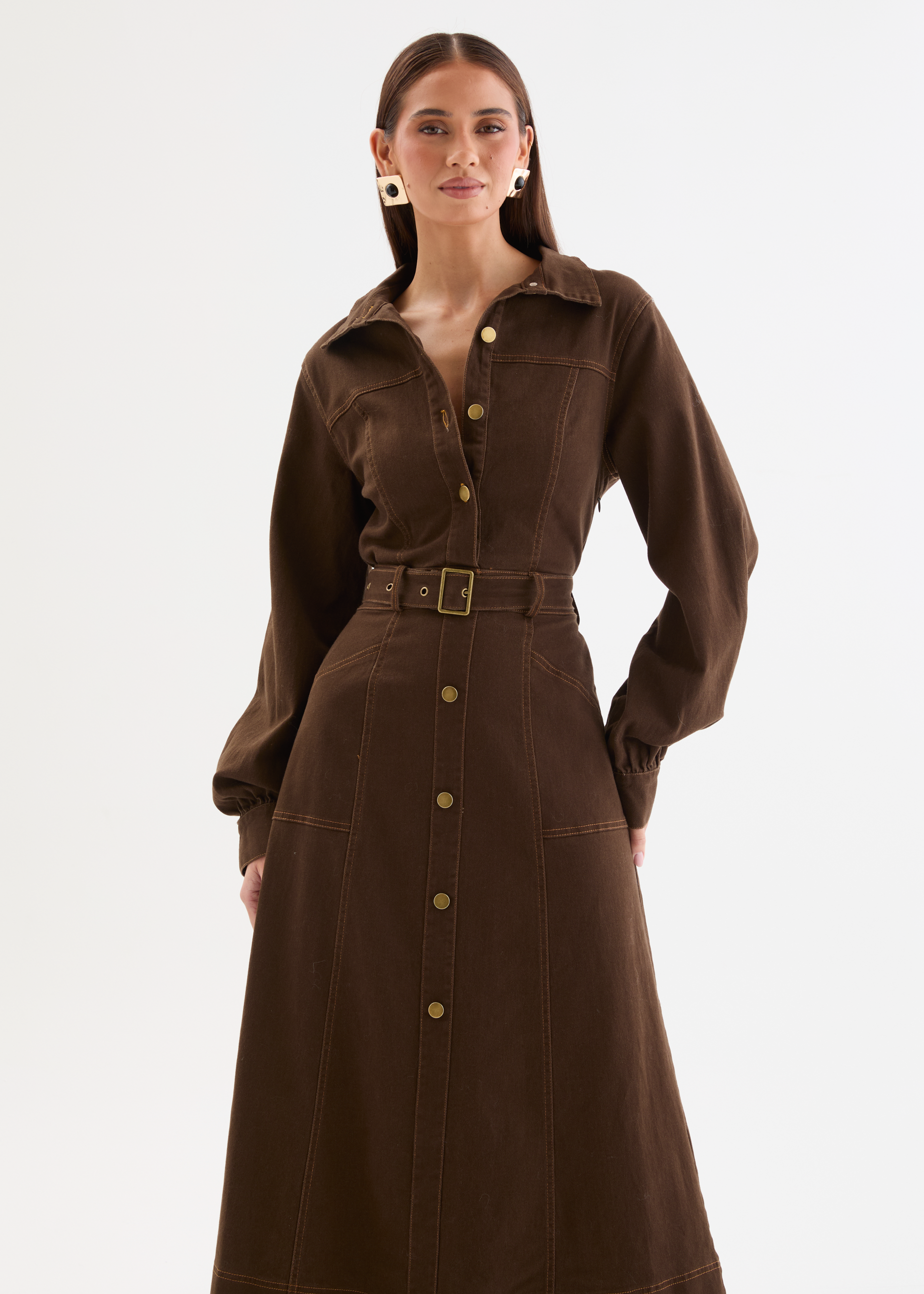 Ryley Denim Midi Dress with Belt - Dark Chocolate