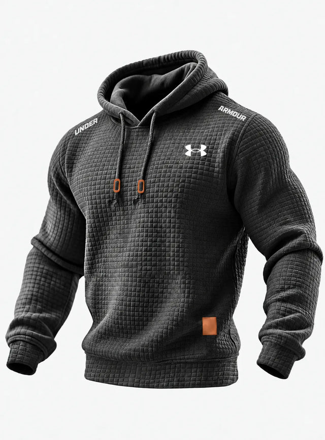 Men’s Quilted Waffle-Texture Solid-Color Long-Sleeve Hooded Top